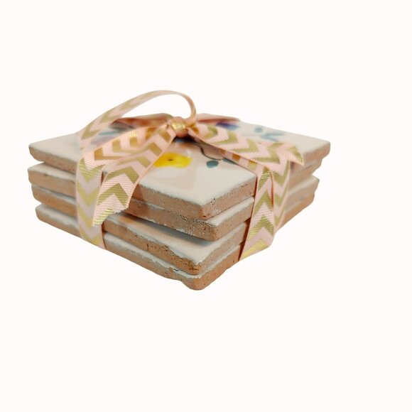 Peach Floral Terracotta Ceramic Tile Cup Coasters Set of 4 - Picture 4 of 5